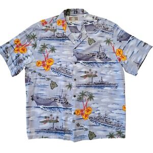 Kalaheo Hawaiian Shirt USS Battleship Button Up L Pearl Harbor Summer Hawaii